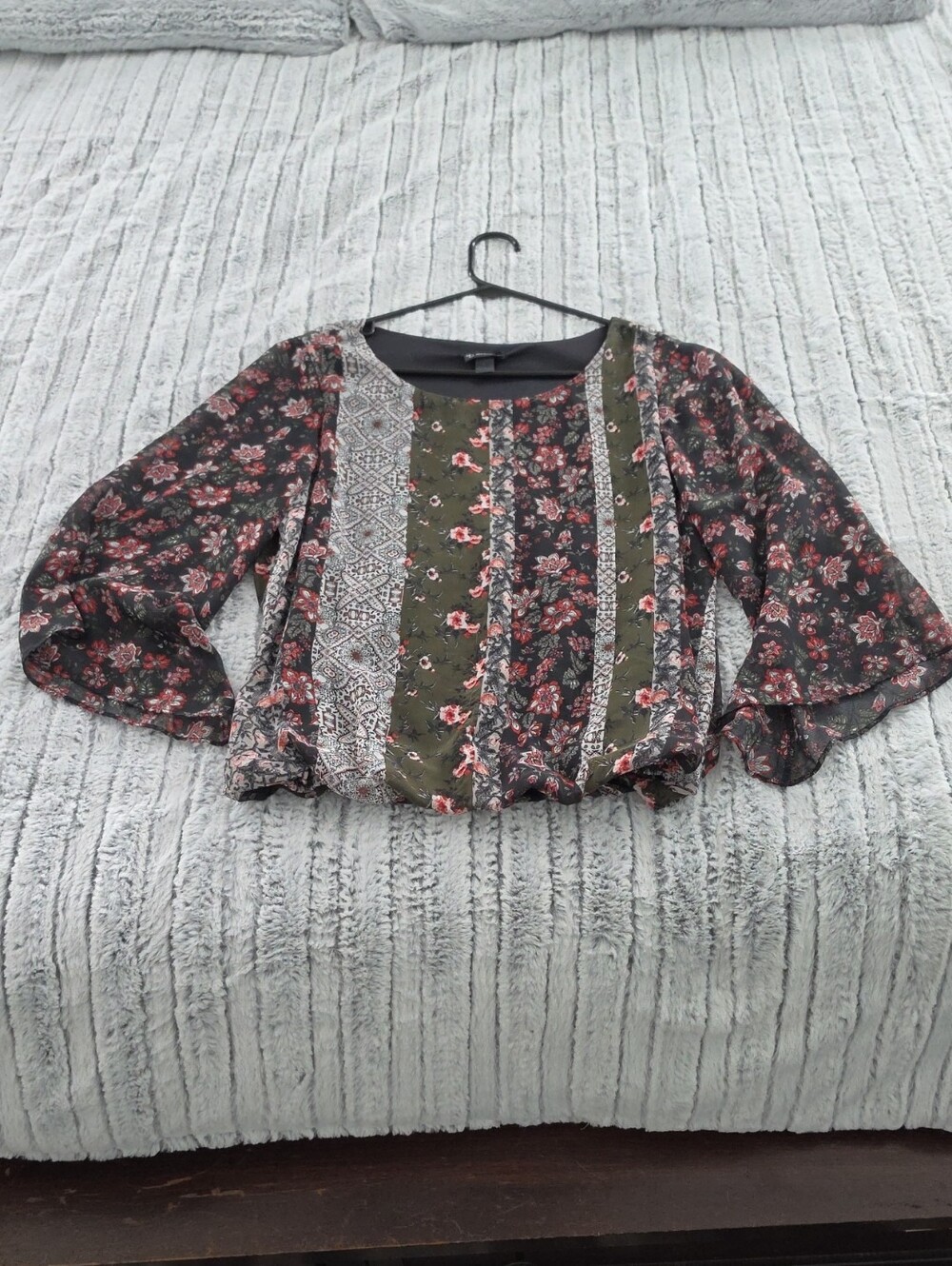 new directions Olive & Black Floral Patchwork Blouse